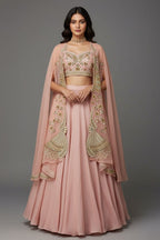 Dusty Pink Silk Crop Top Lehenga with Cutdana Beaded Worked Jacket - pink silk saree