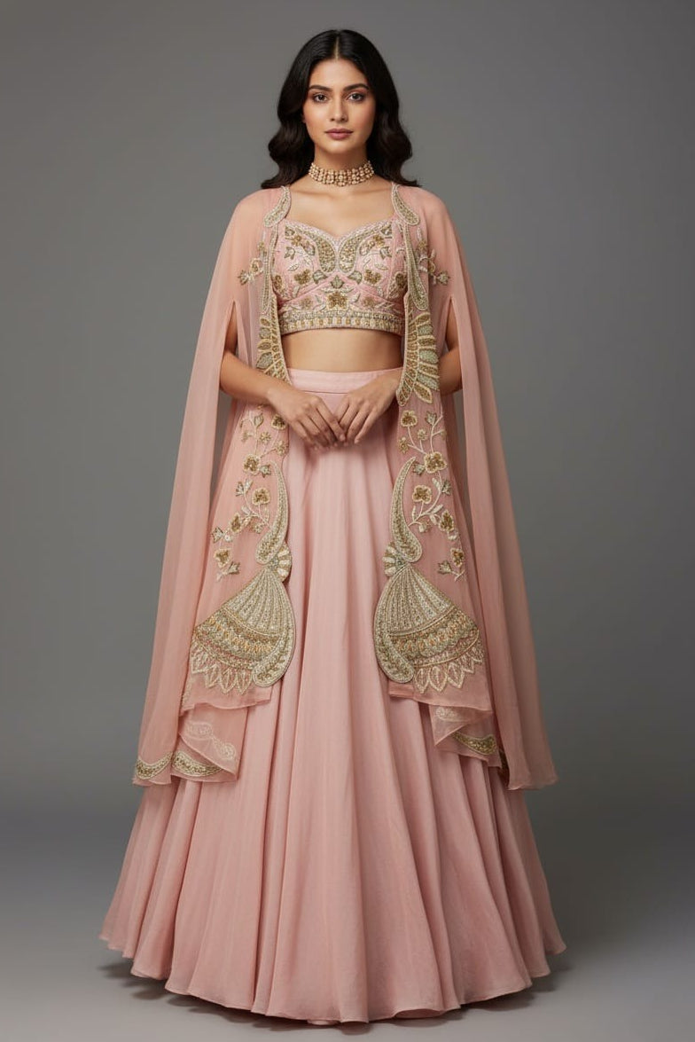 Dusty Pink Silk Crop Top Lehenga with Cutdana Beaded Worked Jacket - pink silk saree