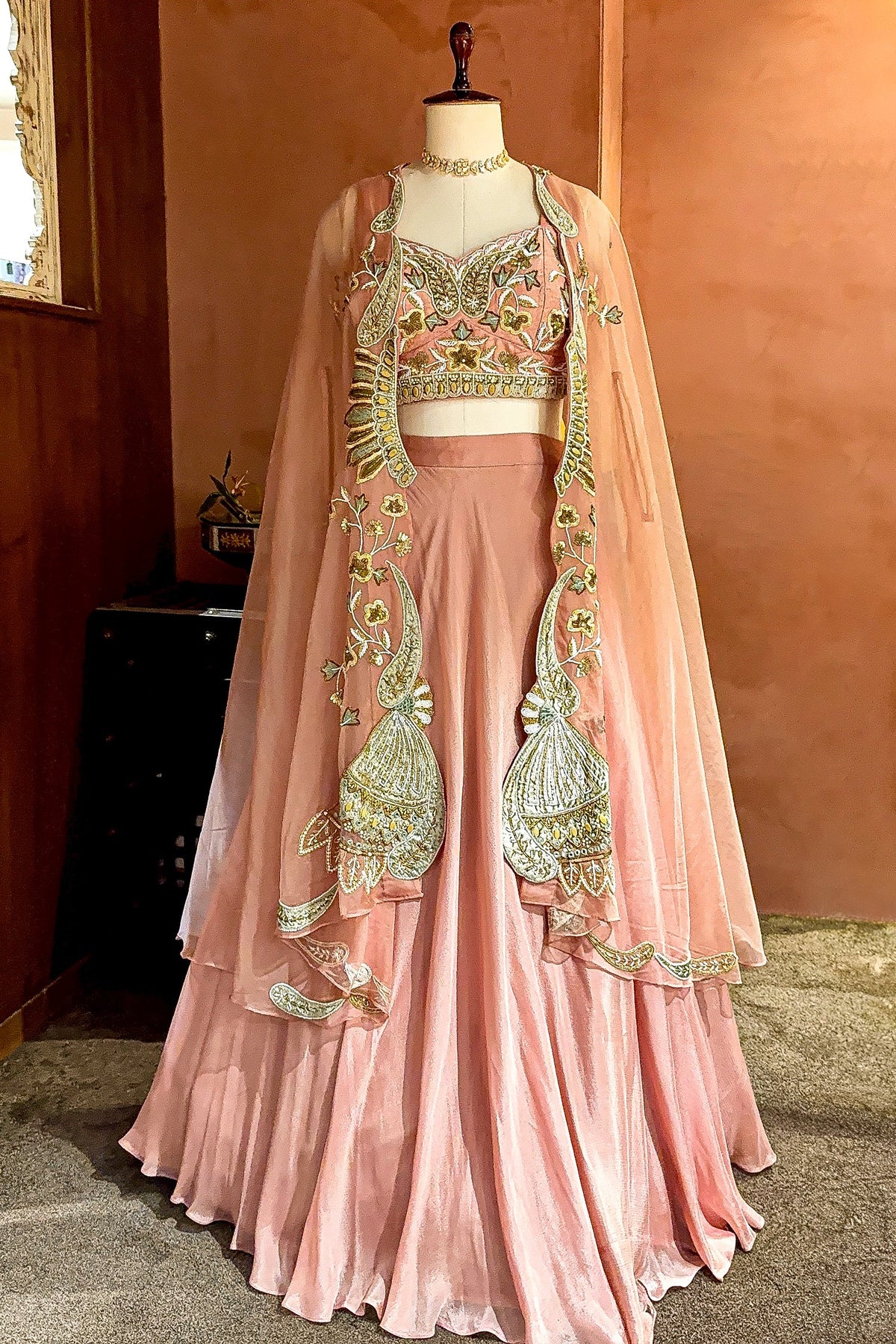 Dusty Pink Silk Crop Top Lehenga with Cutdana Beaded Worked Jacket - pink silk saree