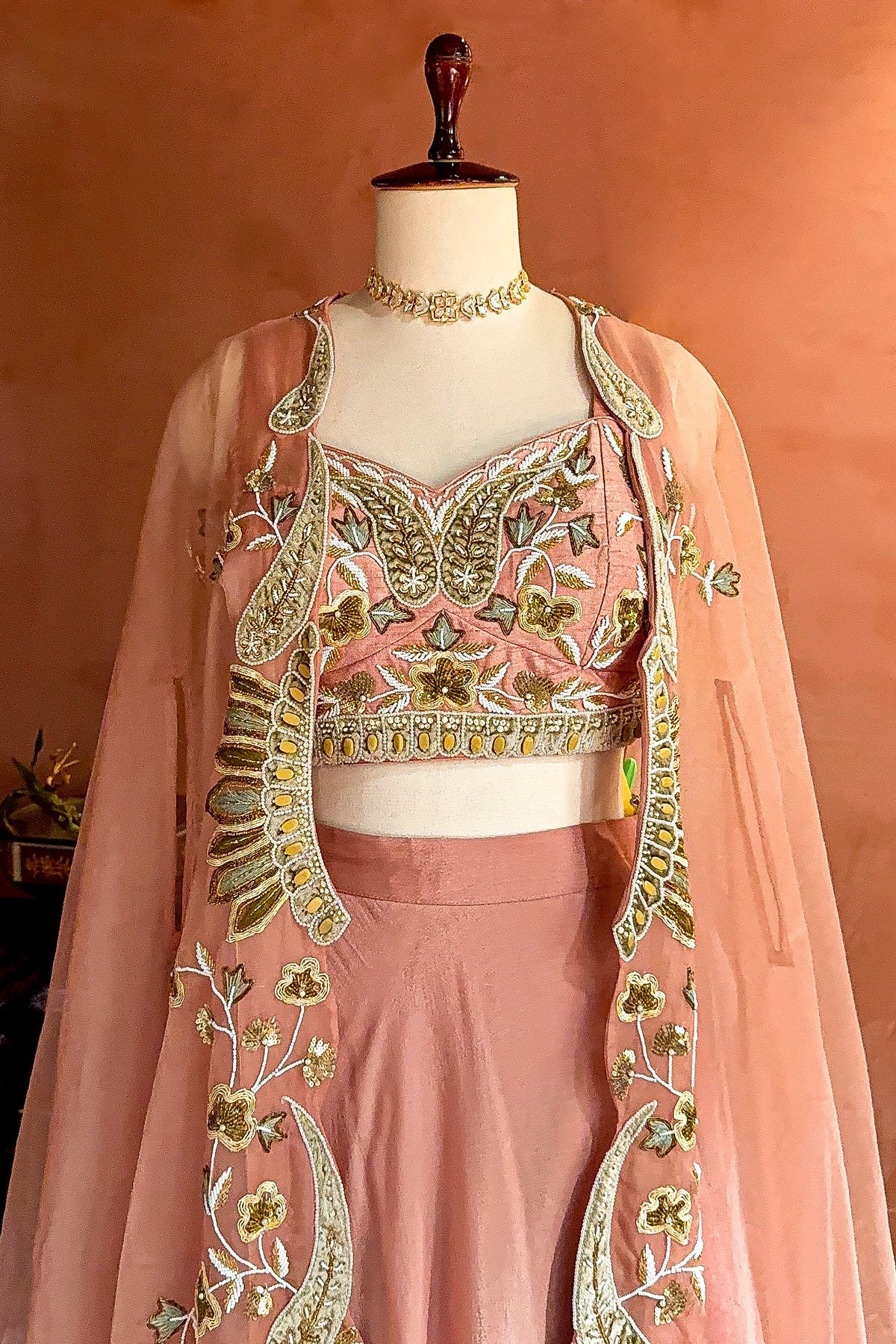 Dusty Pink Silk Crop Top Lehenga with Cutdana Beaded Worked Jacket - pink silk saree
