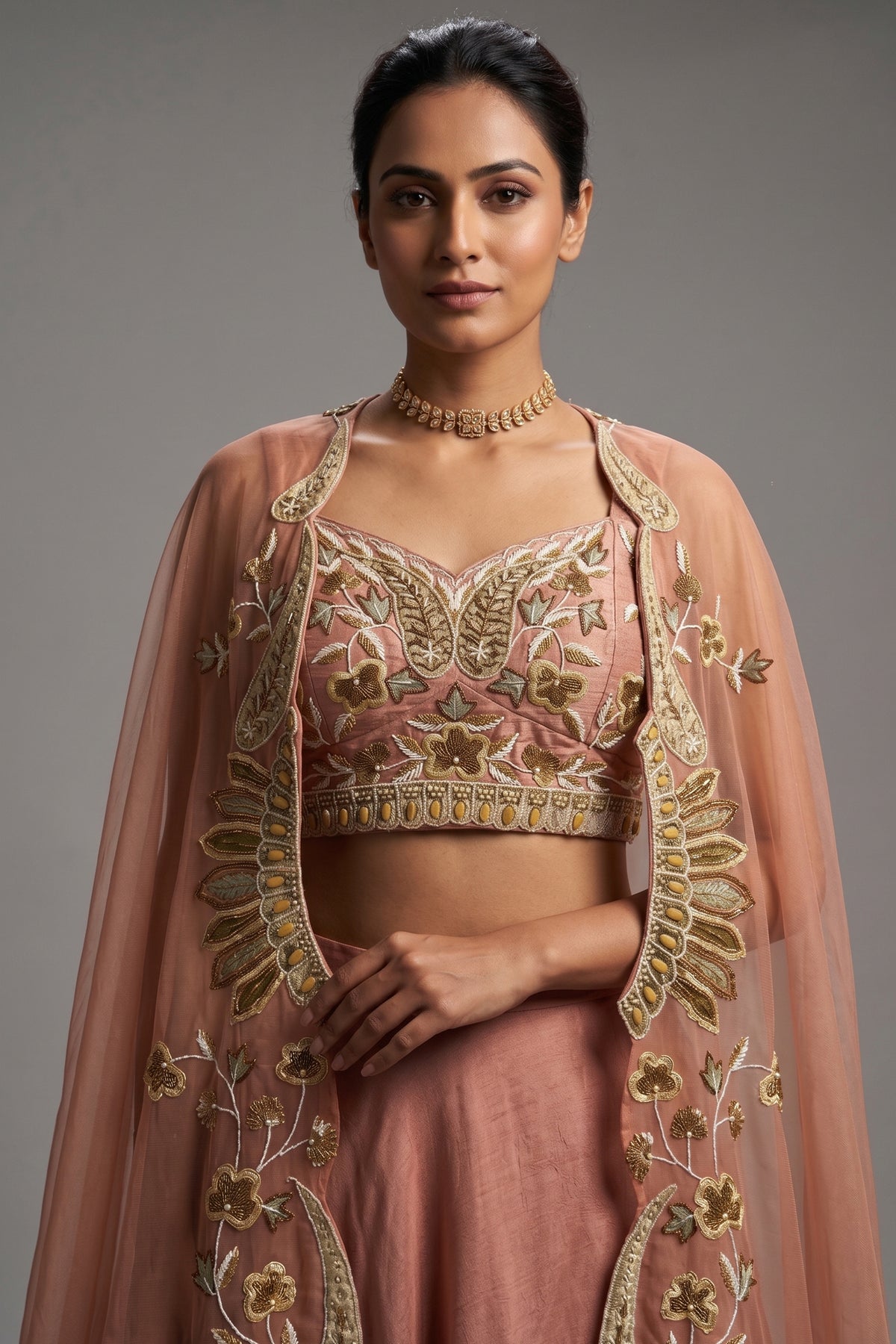 Dusty Pink Silk Crop Top Lehenga with Cutdana Beaded Worked Jacket - pink silk saree