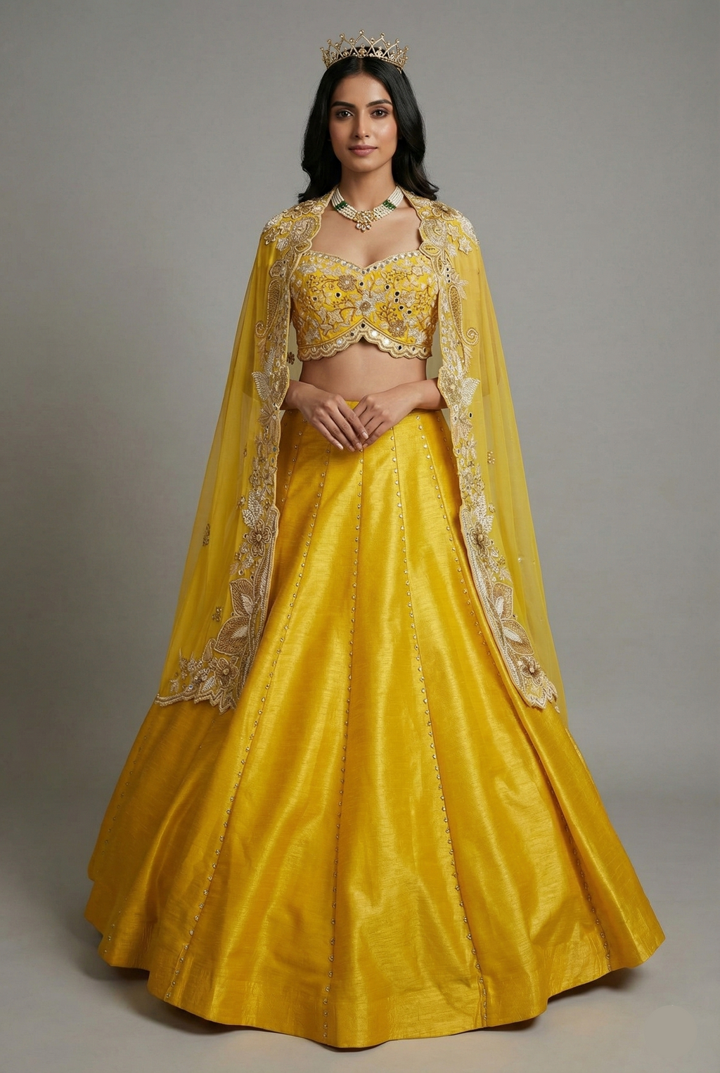 Yellow Raw Silk Beaded Crop Top Lehenga with Shrug - yellow silk saree