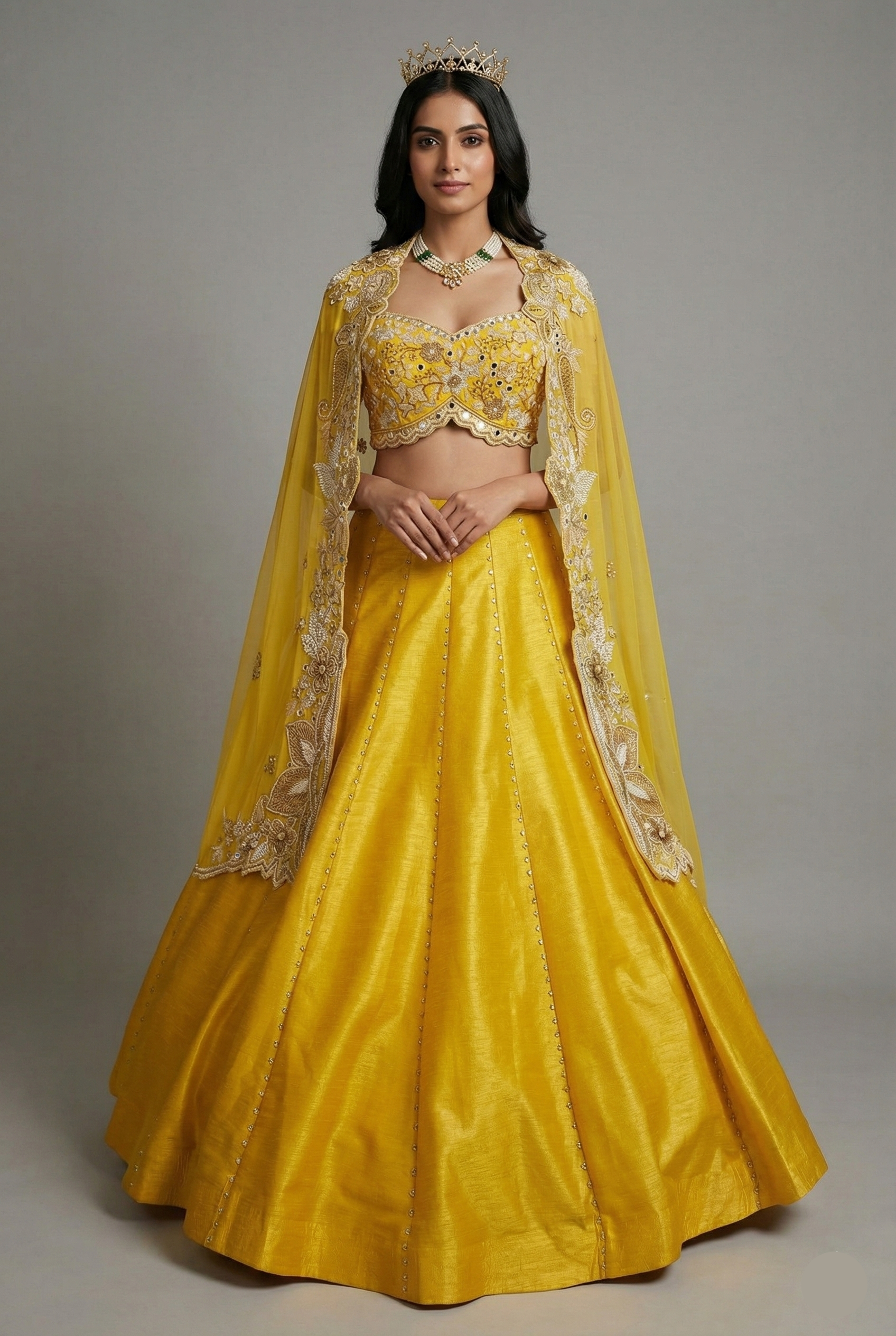 Yellow Raw Silk Beaded Crop Top Lehenga with Shrug - yellow silk saree
