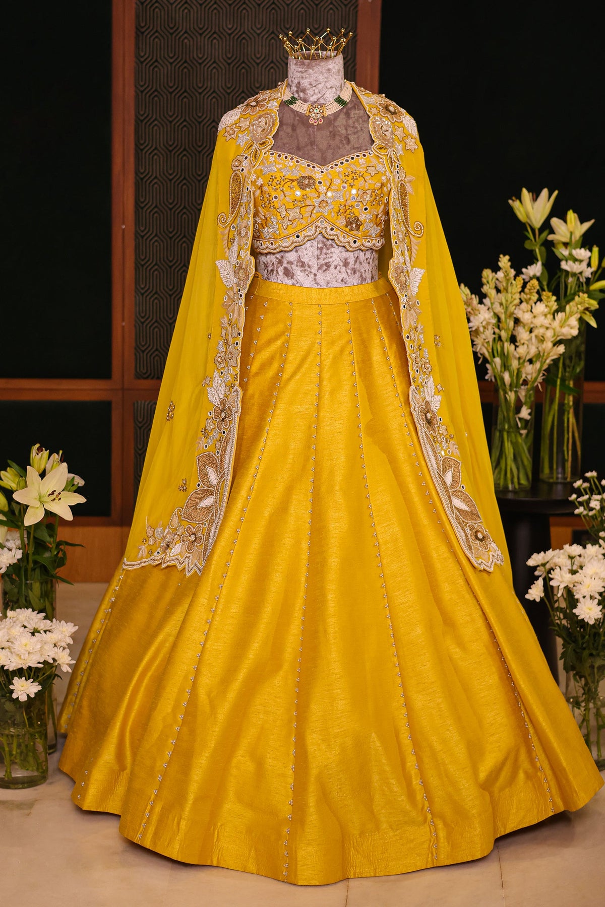 Yellow Raw Silk Beaded Crop Top Lehenga with Shrug - yellow silk saree