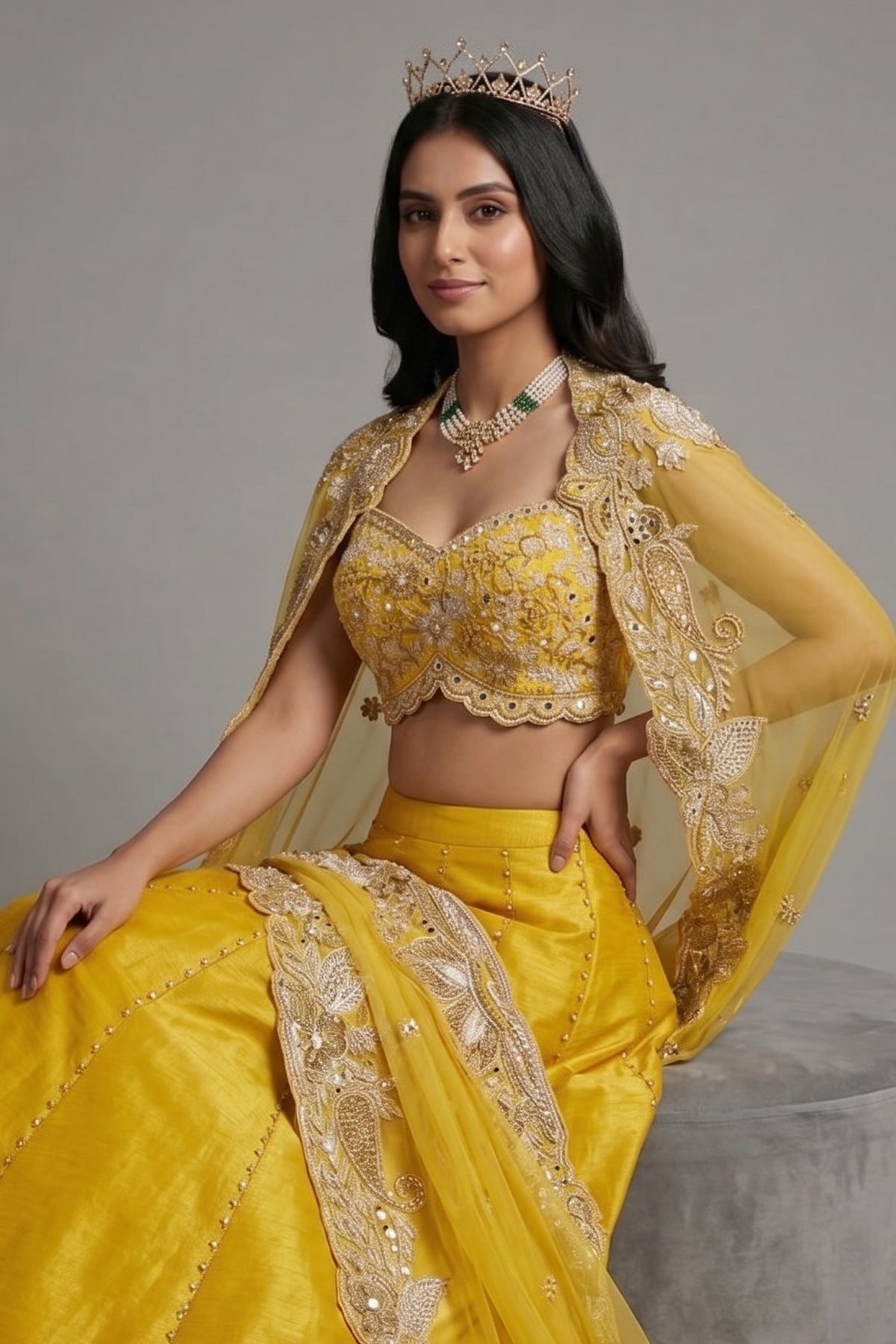 Yellow Raw Silk Beaded Crop Top Lehenga with Shrug - yellow silk saree