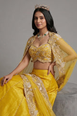 Yellow Raw Silk Beaded Crop Top Lehenga with Shrug - yellow silk saree