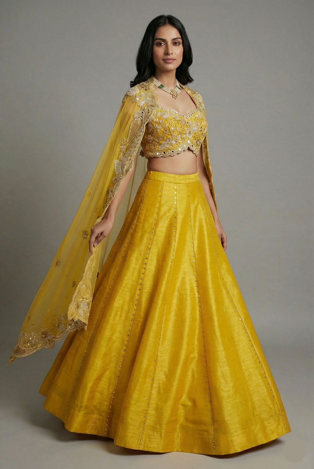 Yellow Raw Silk Beaded Crop Top Lehenga with Shrug - yellow silk saree