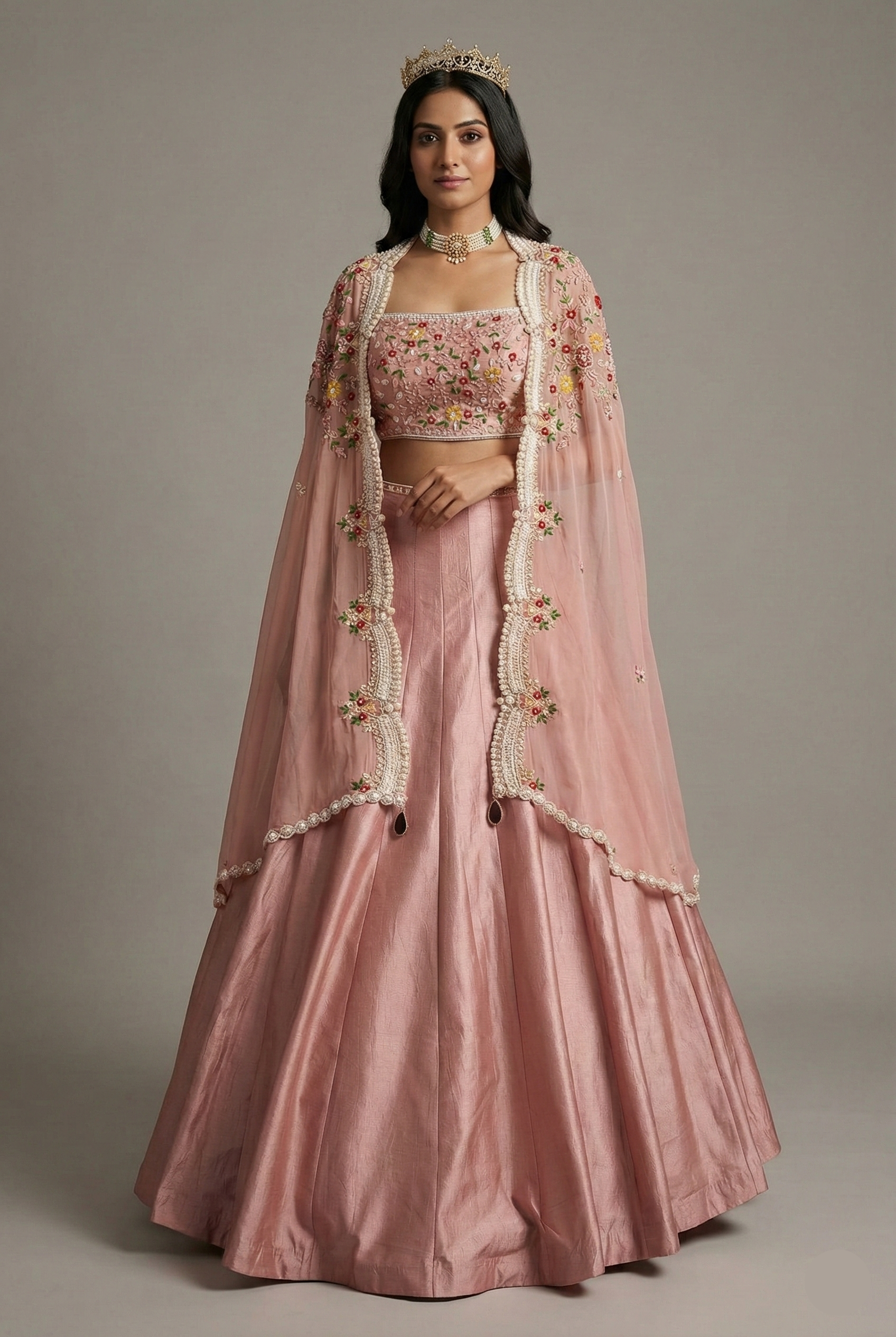Dusty Pink Raw Silk Beaded Crop Top Lehenga with Shrug - pink silk saree Main image