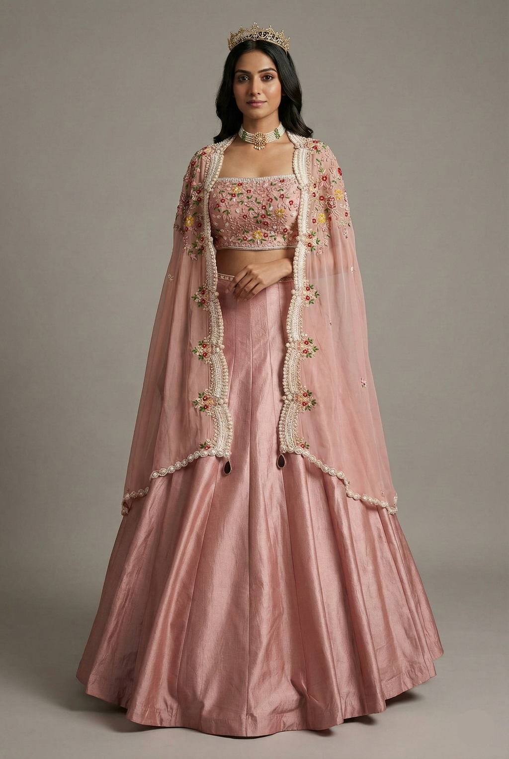 Dusty Pink Raw Silk Beaded Crop Top Lehenga with Shrug - pink silk saree