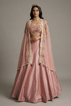 Dusty Pink Raw Silk Beaded Crop Top Lehenga with Shrug - pink silk saree
