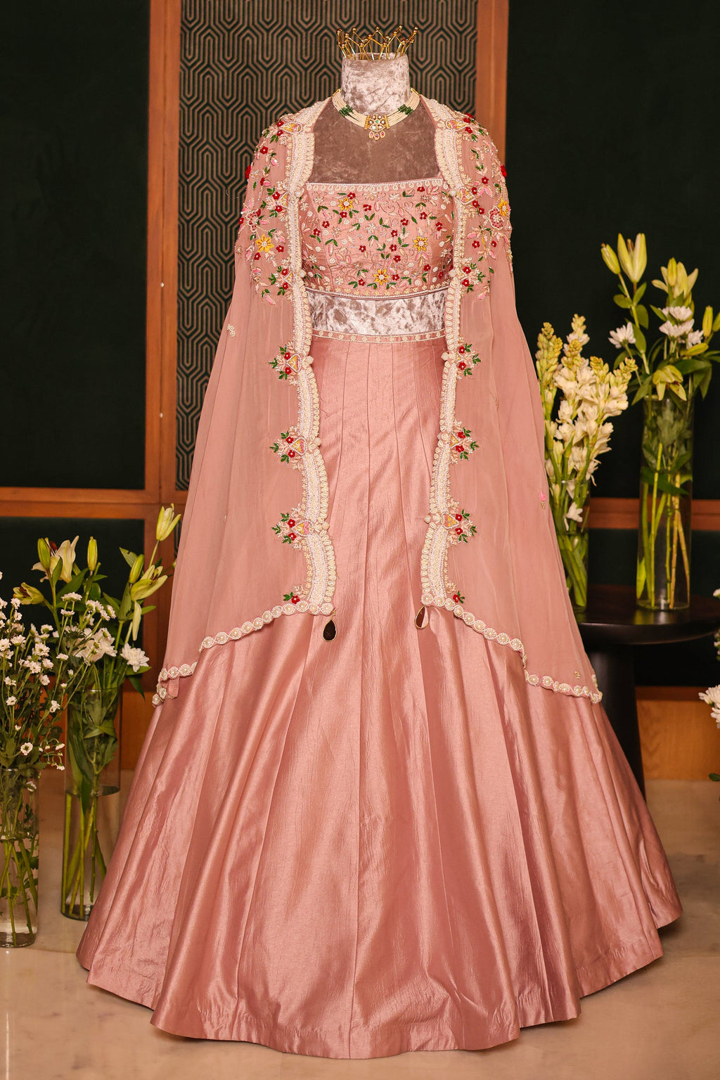 Dusty Pink Raw Silk Beaded Crop Top Lehenga with Shrug - pink silk saree