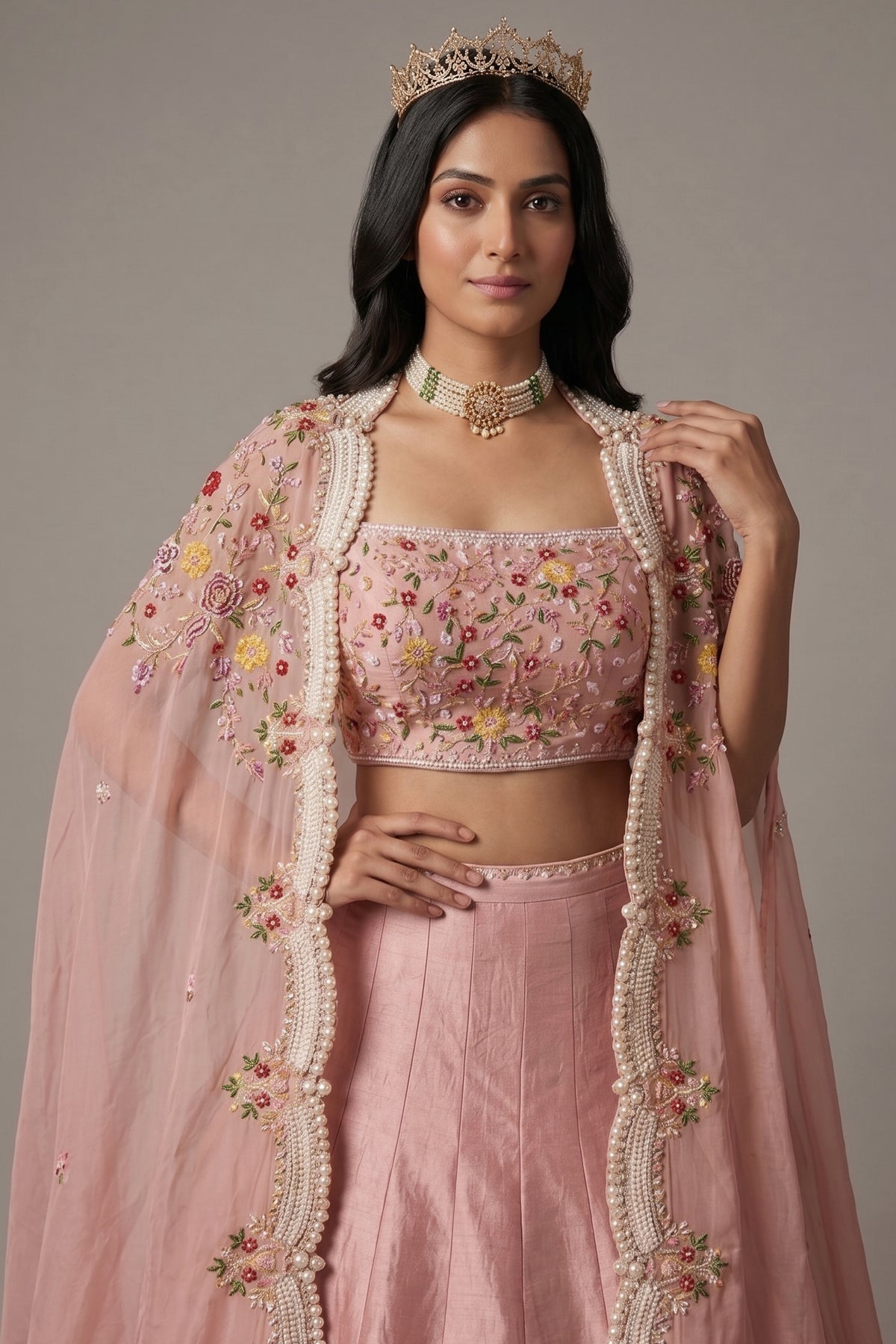 Dusty Pink Raw Silk Beaded Crop Top Lehenga with Shrug - pink silk saree