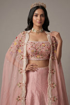 Dusty Pink Raw Silk Beaded Crop Top Lehenga with Shrug - pink silk saree