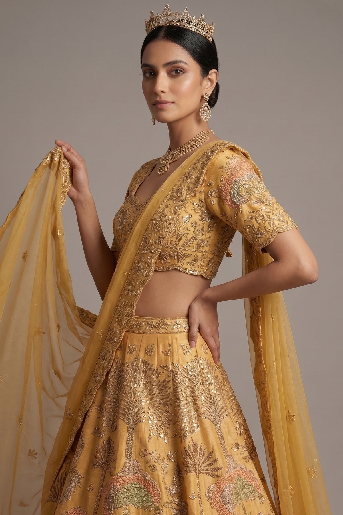 Golden Embellished Silk Sequin and Embroidered Work Lehenga - red silk saree embroidered