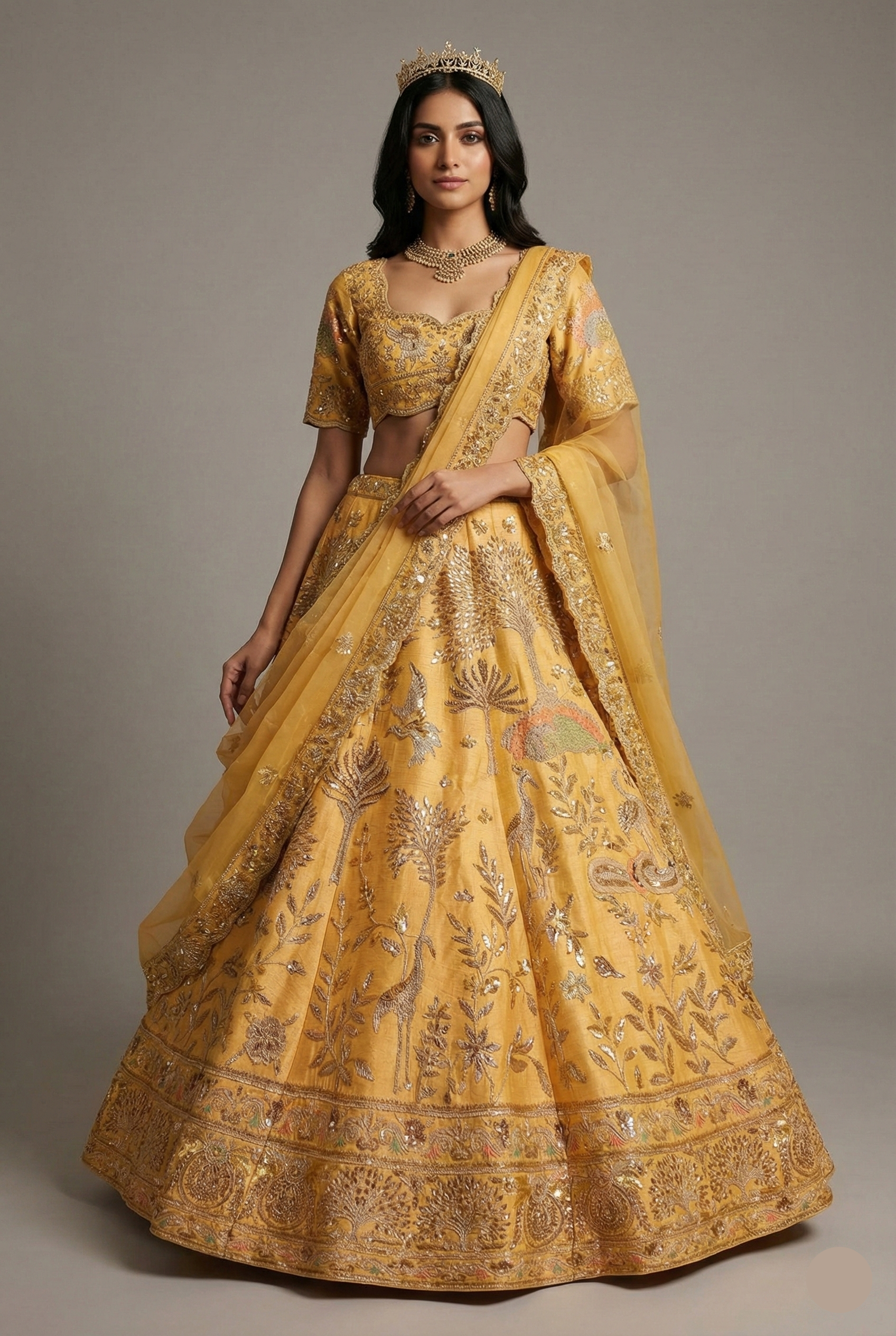 Golden Embellished Silk Sequin and Embroidered Work Lehenga - red silk saree embroidered
