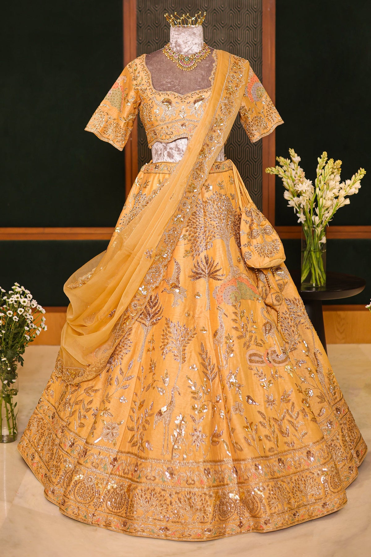 Golden Embellished Silk Sequin and Embroidered Work Lehenga - red silk saree embroidered