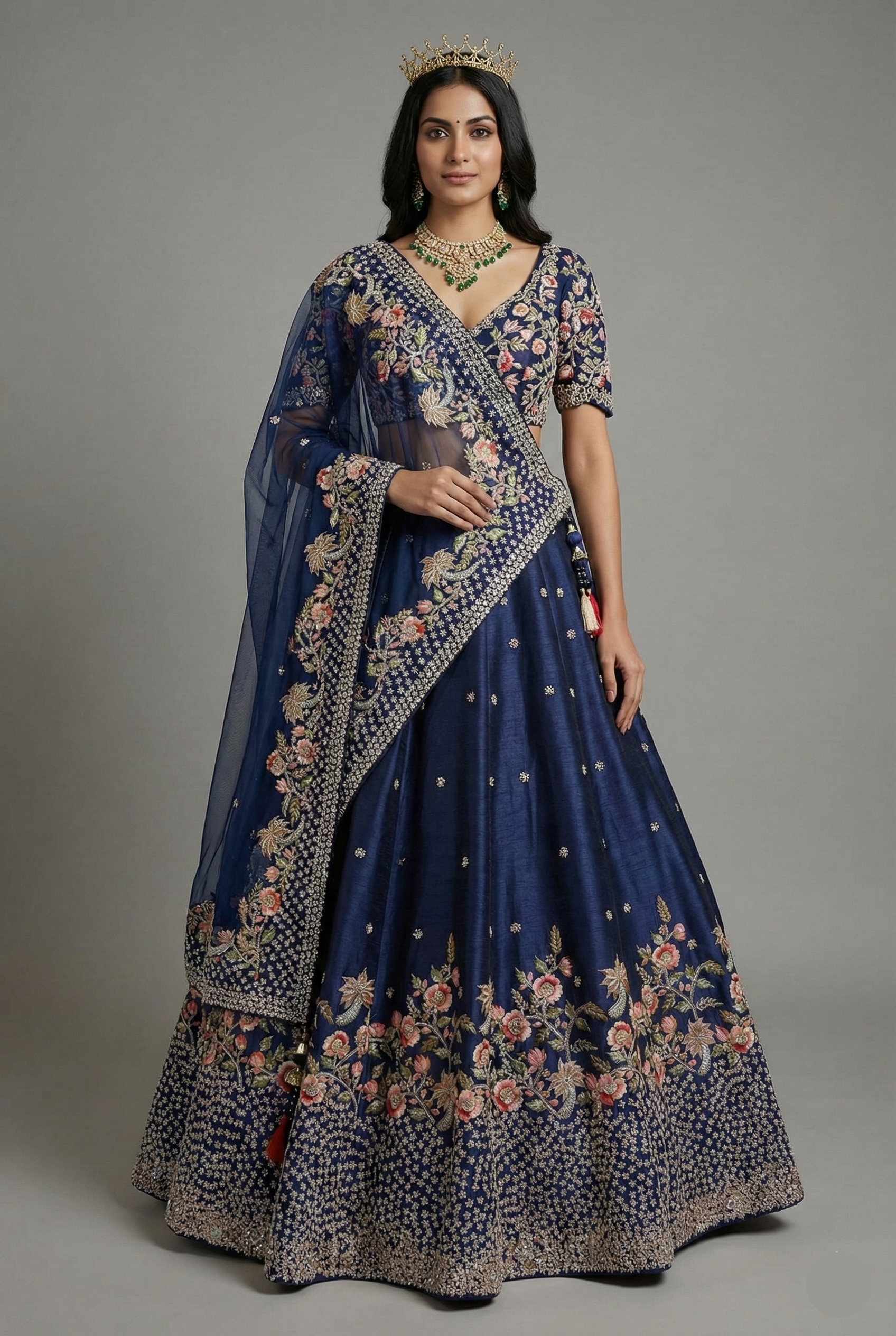 Blue Silk Embellished Floral Embroidered and Cutdana Beaded Work Lehenga - red silk saree embroidered Main image