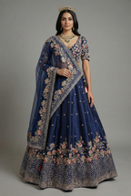 Blue Silk Embellished Floral Embroidered and Cutdana Beaded Work Lehenga - red silk saree embroidered