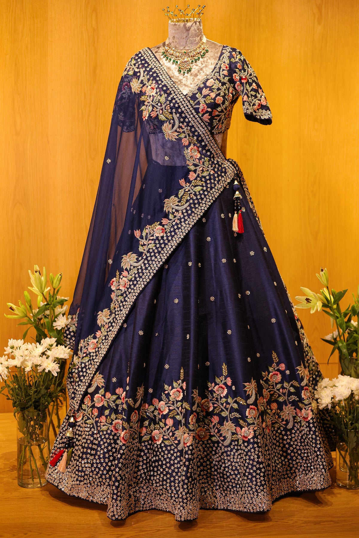 Blue Silk Embellished Floral Embroidered and Cutdana Beaded Work Lehenga - red silk saree embroidered