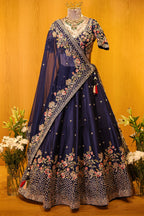 Blue Silk Embellished Floral Embroidered and Cutdana Beaded Work Lehenga - red silk saree embroidered