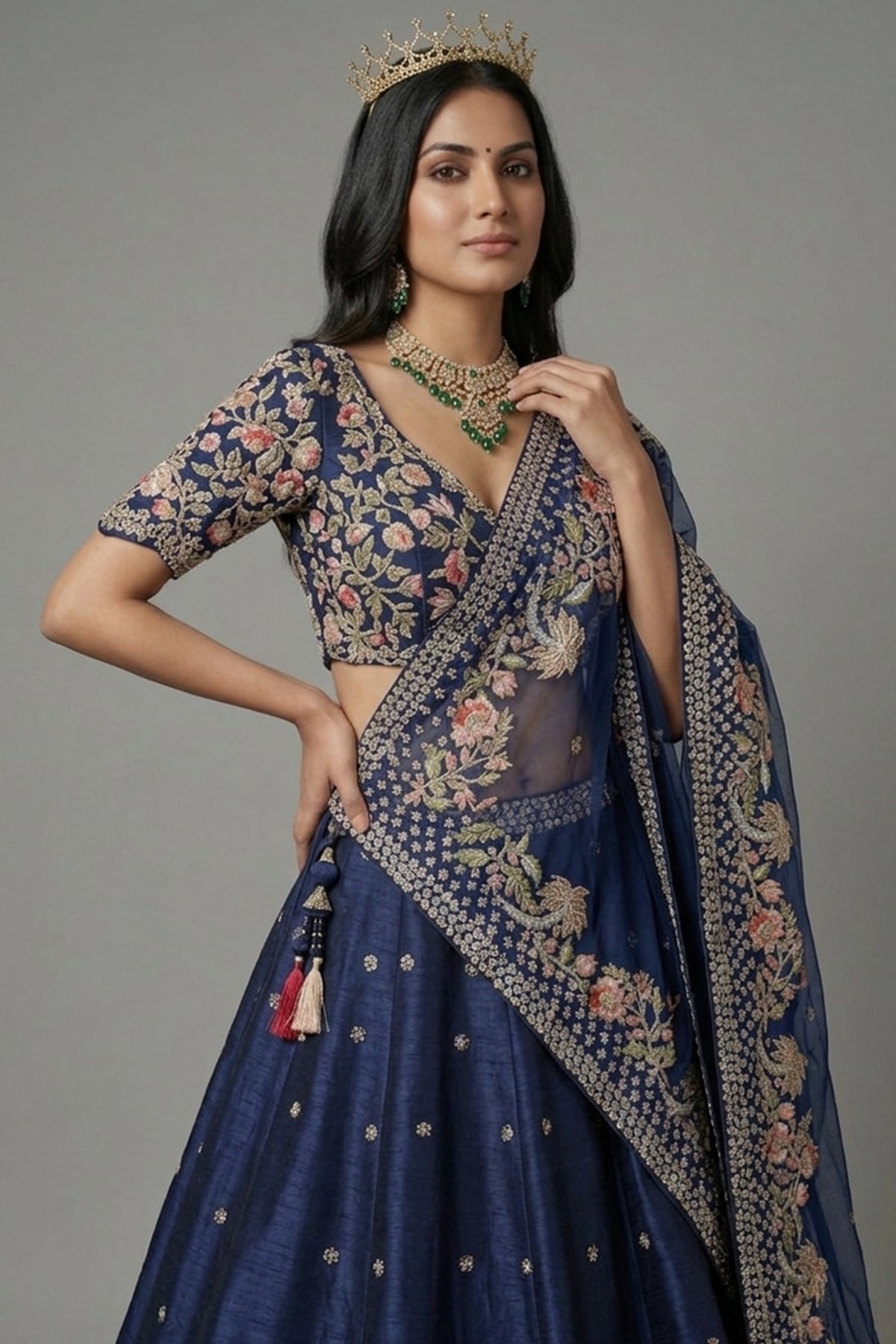 Blue Silk Embellished Floral Embroidered and Cutdana Beaded Work Lehenga - red silk saree embroidered
