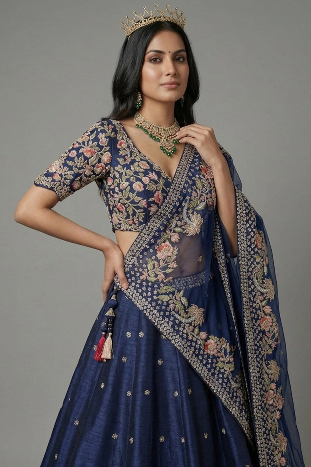 Blue Silk Embellished Floral Embroidered and Cutdana Beaded Work Lehenga - red silk saree embroidered