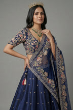 Blue Silk Embellished Floral Embroidered and Cutdana Beaded Work Lehenga - red silk saree embroidered