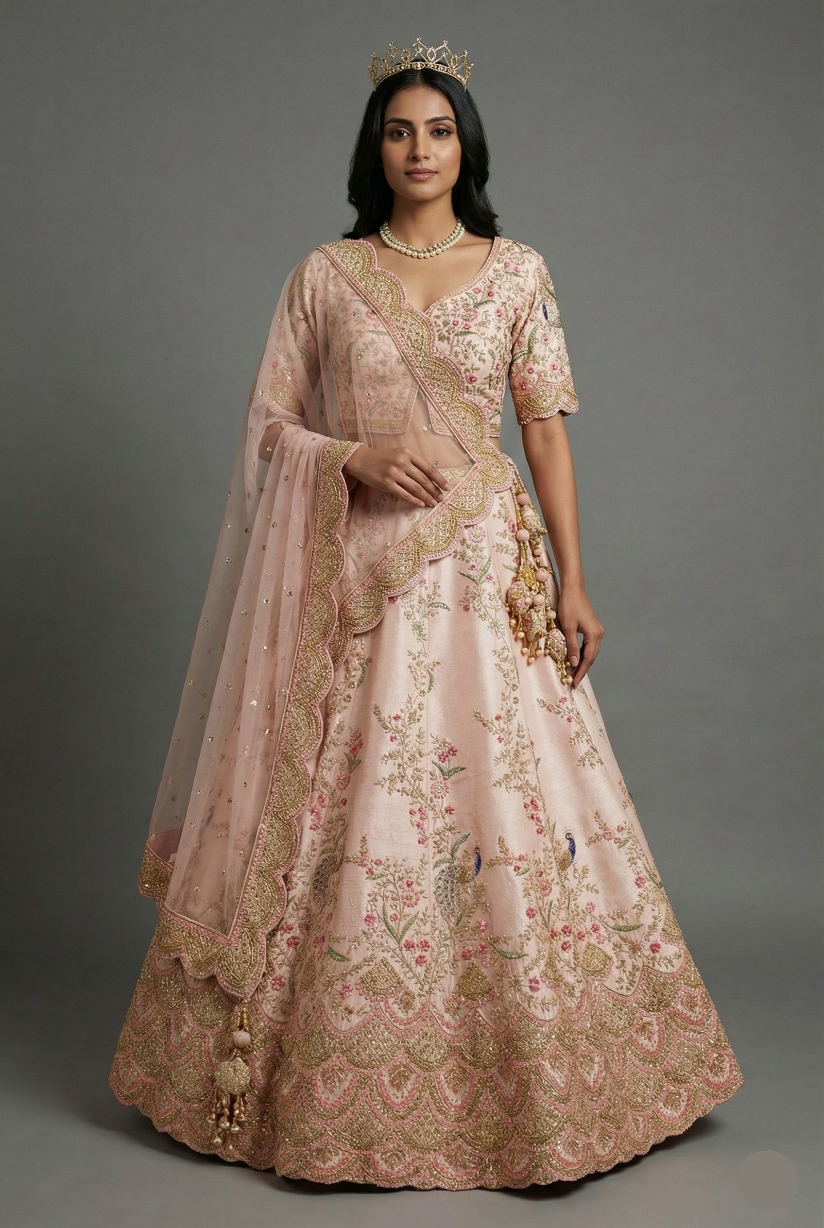Light Pink Silk Peacock Motifs Zardosi and Sequin Worked Lehenga with Scalloped Border - pink silk saree Main image