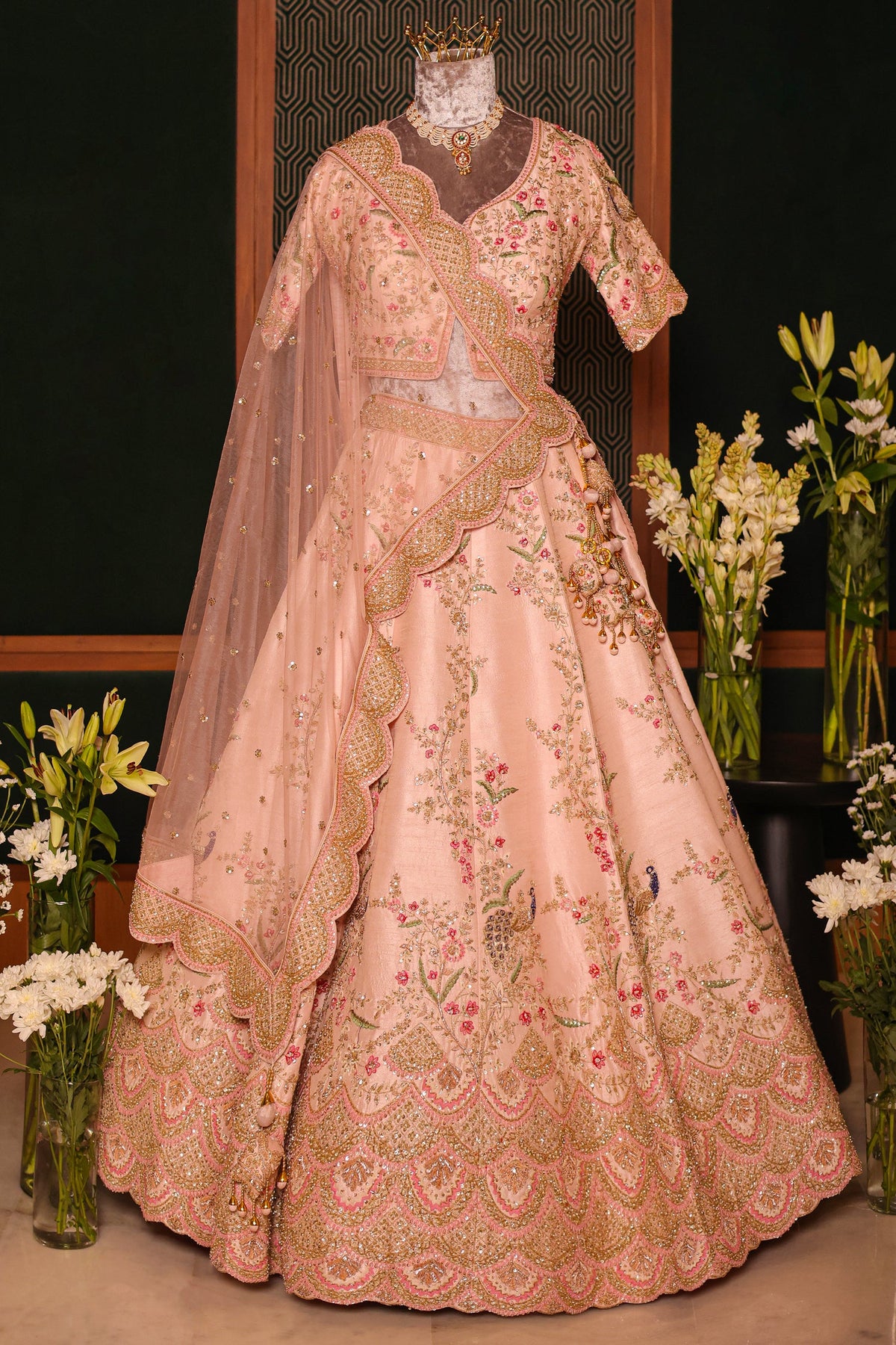Light Pink Silk Peacock Motifs Zardosi and Sequin Worked Lehenga with Scalloped Border - pink silk saree