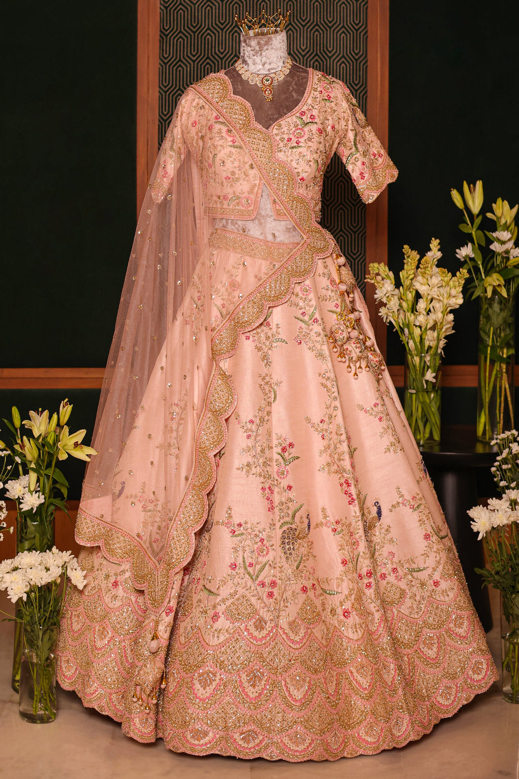 Light Pink Silk Peacock Motifs Zardosi and Sequin Worked Lehenga with Scalloped Border - pink silk saree