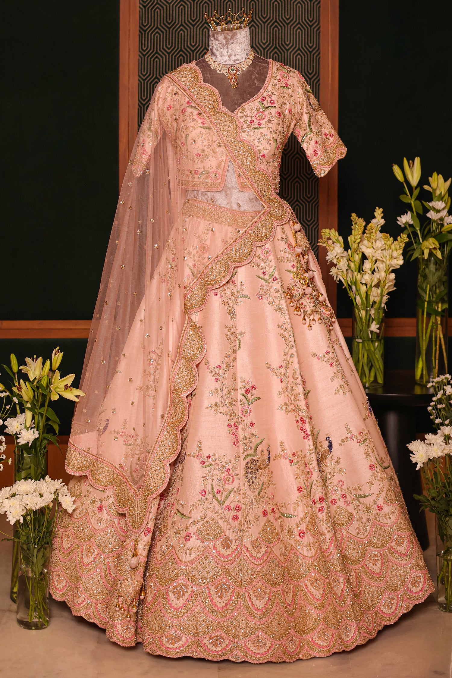 Light Pink Silk Peacock Motifs Zardosi and Sequin Worked Lehenga with Scalloped Border - pink silk saree
