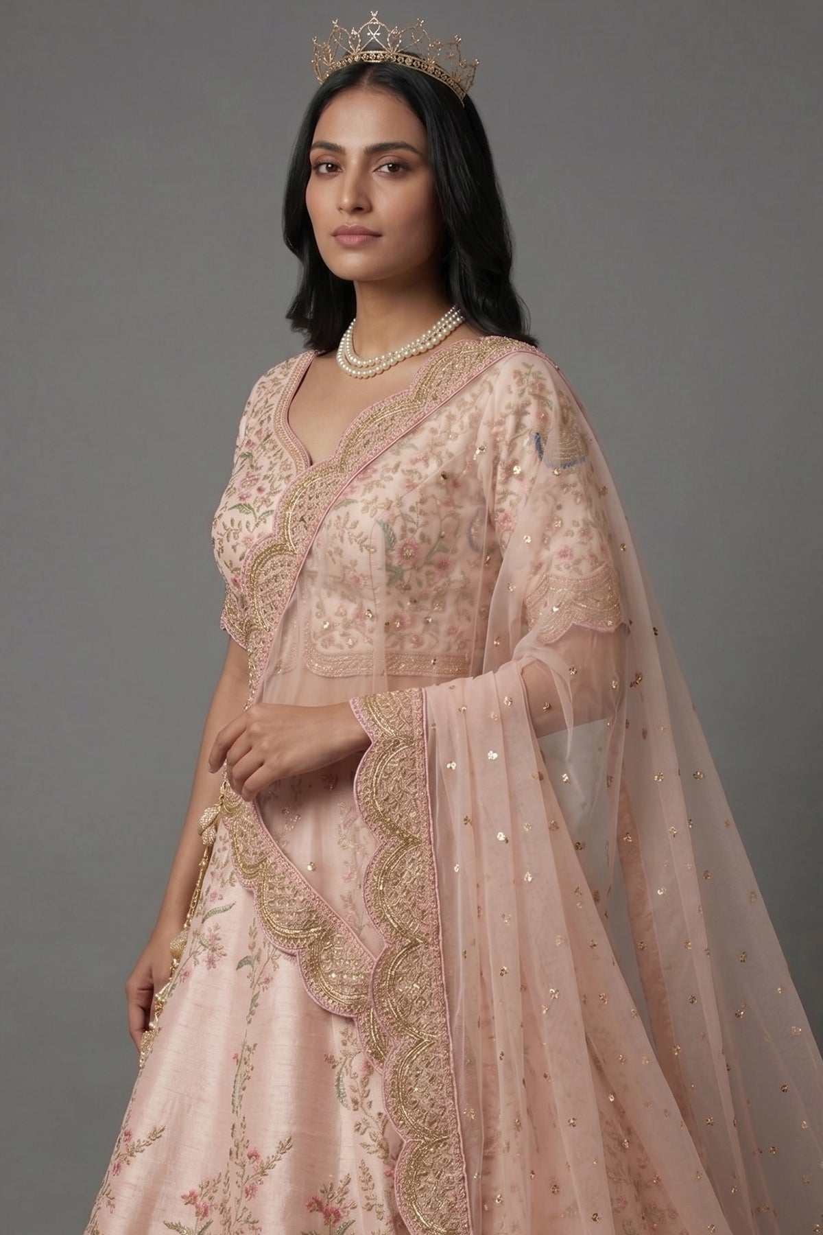 Light Pink Silk Peacock Motifs Zardosi and Sequin Worked Lehenga with Scalloped Border - pink silk saree