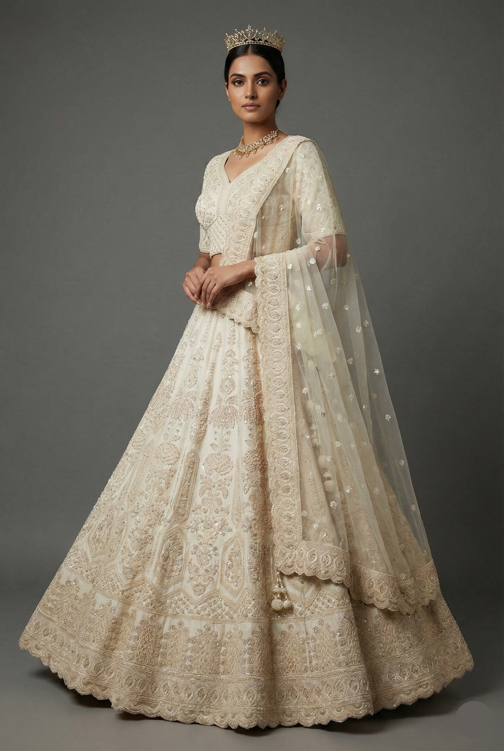 Pearl White Raw Silk Embellished Beads and Cutdana Worked lehenga - white silk saree