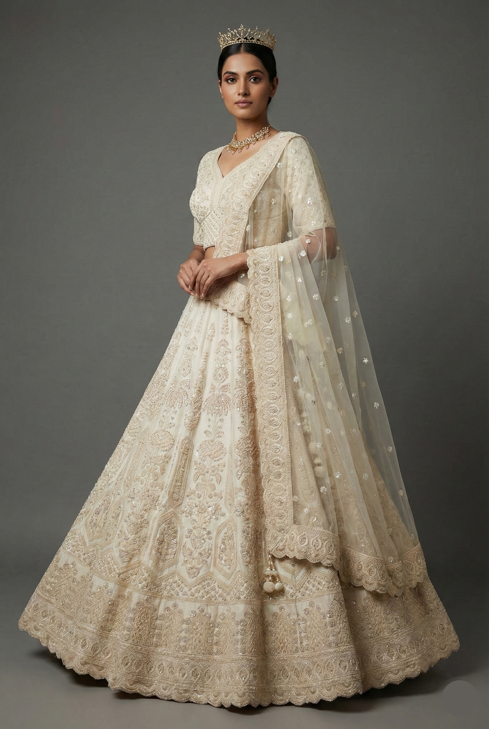 Pearl White Raw Silk Embellished Beads and Cutdana Worked lehenga - white silk saree