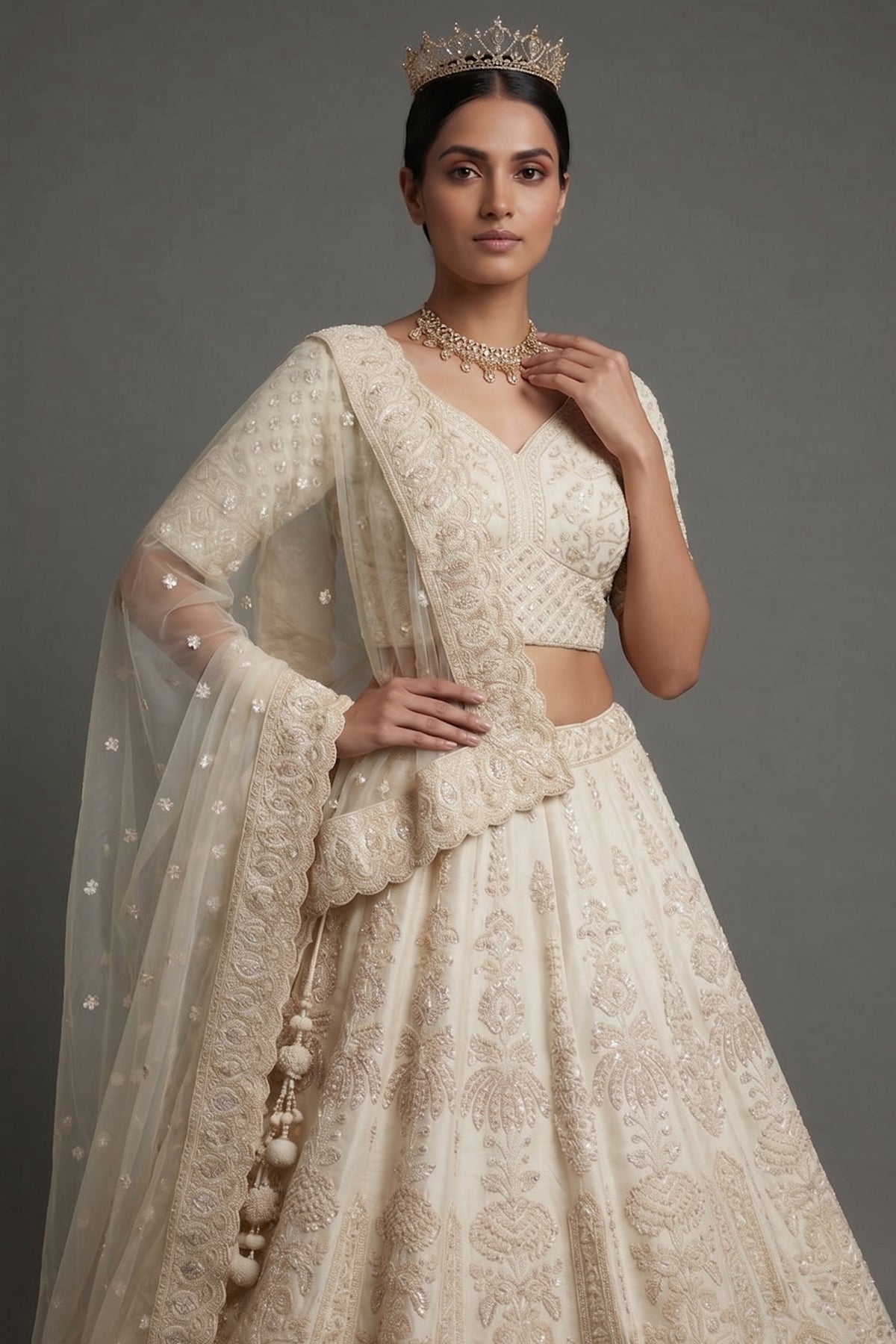 Pearl White Raw Silk Embellished Beads and Cutdana Worked lehenga - white silk saree