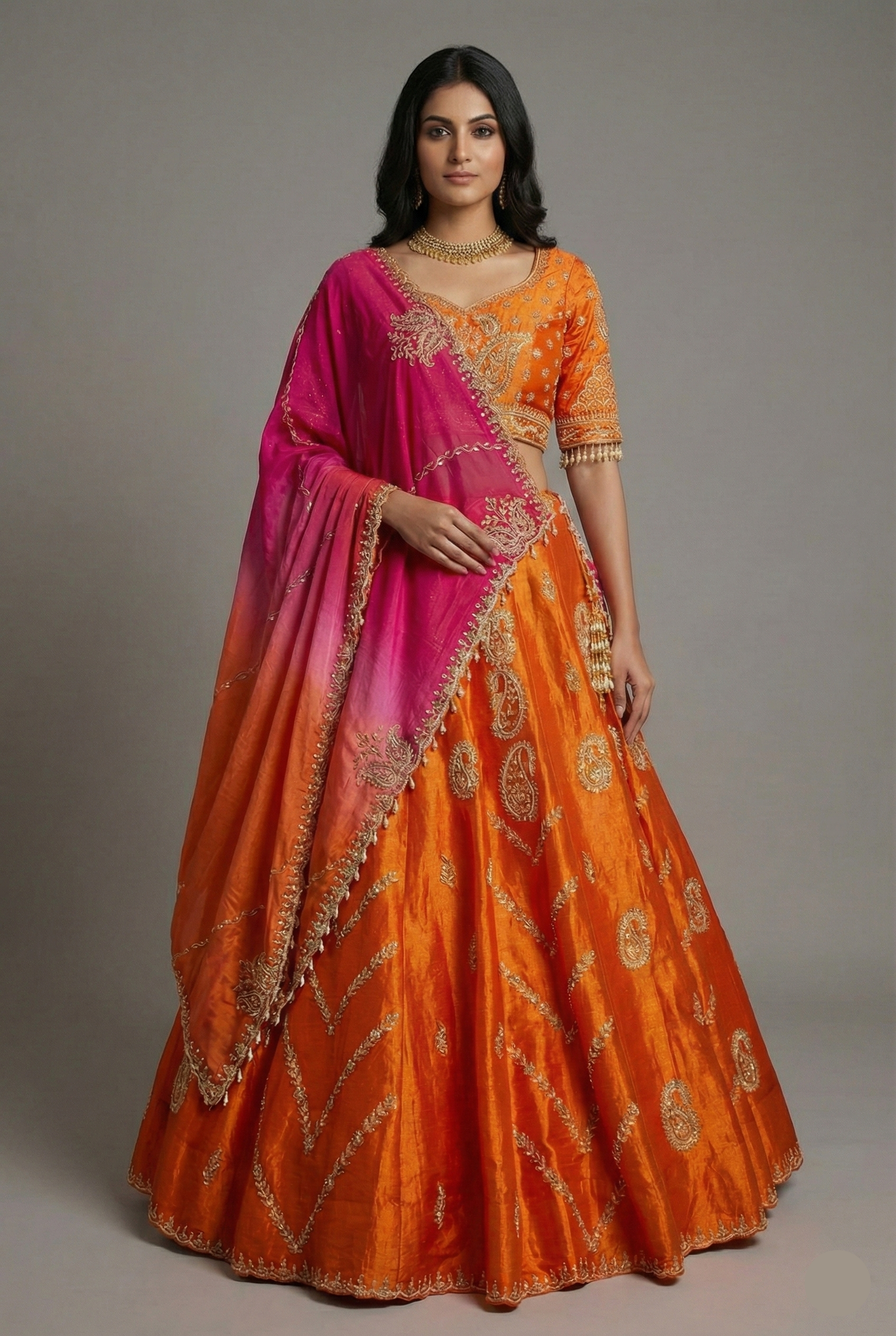 Rust Orange Tissue Zardosi and Sequins Worked Paisley Motif Lehenga - orange saree