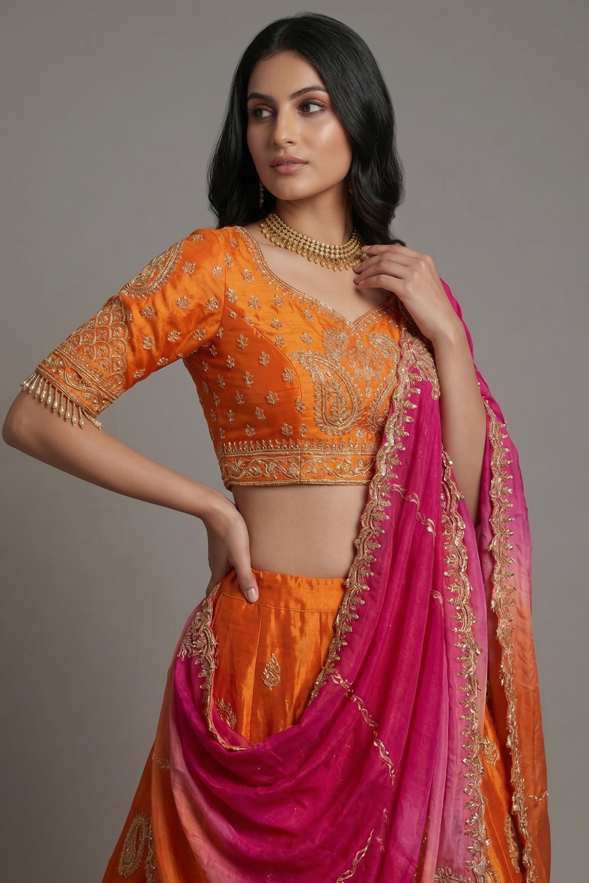 Rust Orange Tissue Zardosi and Sequins Worked Paisley Motif Lehenga - orange saree