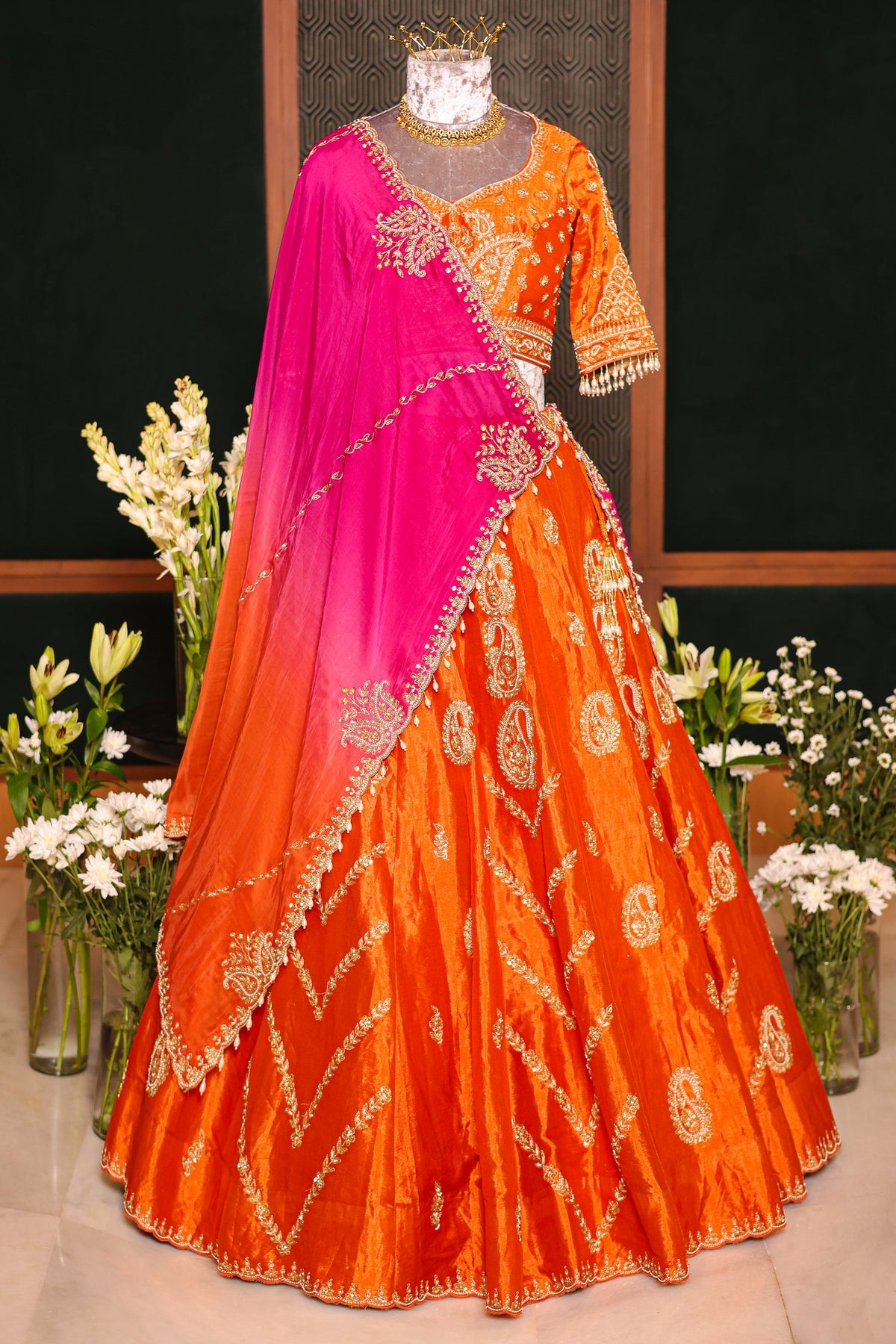 Rust Orange Tissue Zardosi and Sequins Worked Paisley Motif Lehenga - orange saree
