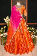 Rust Orange Tissue Zardosi and Sequins Worked Paisley Motif Lehenga - orange saree