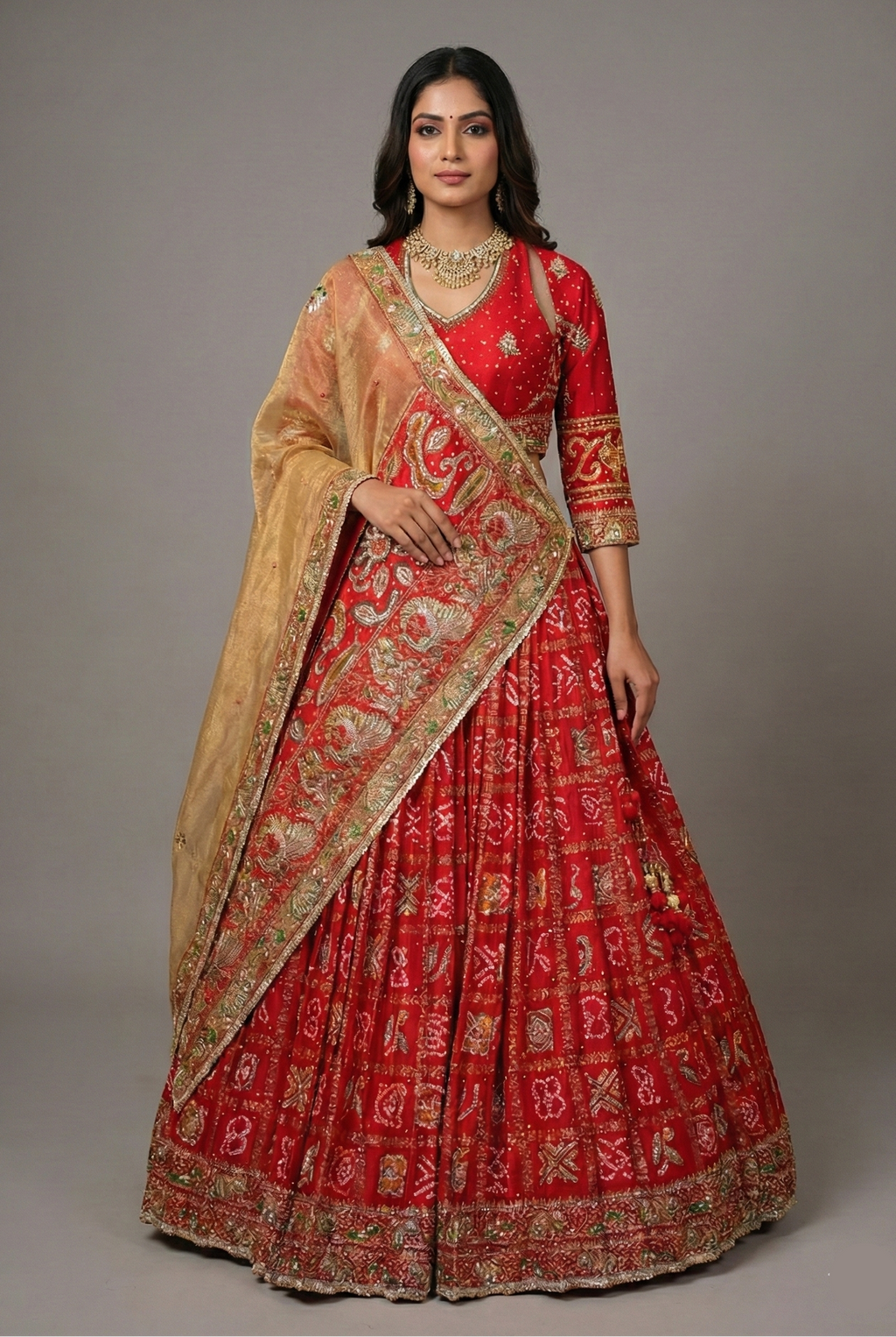 Red Gaji Silk Gharchola Lehenga with Applique and Embroidery Work Lehenga - red silk saree embroidery