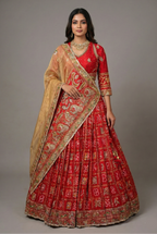 Red Gaji Silk Gharchola Lehenga with Applique and Embroidery Work Lehenga - red silk saree embroidery