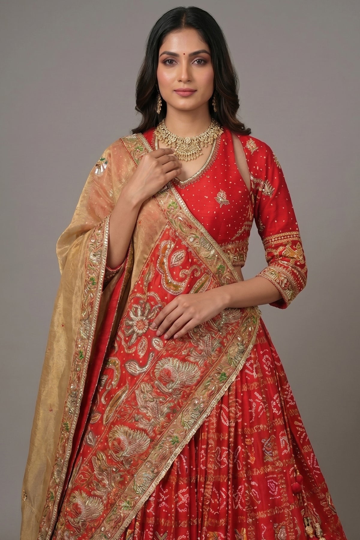 Red Gaji Silk Gharchola Lehenga with Applique and Embroidery Work Lehenga - red silk saree embroidery