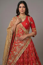 Red Gaji Silk Gharchola Lehenga with Applique and Embroidery Work Lehenga - red silk saree embroidery