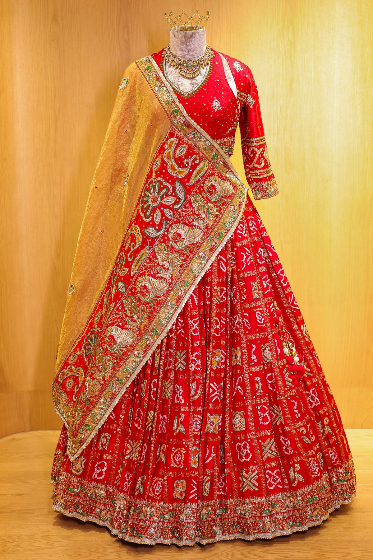 Red Gaji Silk Gharchola Lehenga with Applique and Embroidery Work Lehenga - red silk saree embroidery
