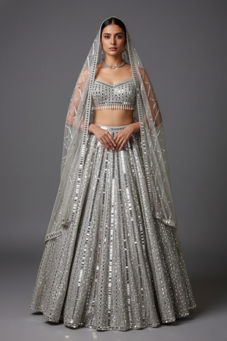 Silver Mirror Worked Embellished Lehenga - silver saree