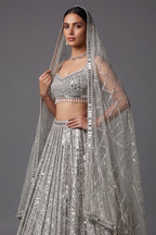 Silver Mirror Worked Embellished Lehenga - silver saree
