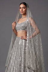 Silver Mirror Worked Embellished Lehenga - silver saree