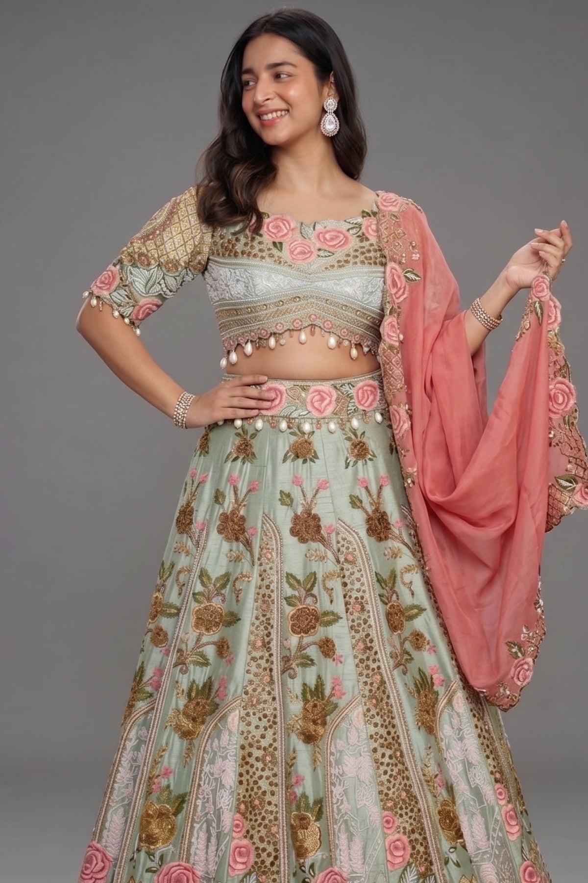 Pista Green Raw Silk Floral Resham Embroidered and Embellished Bead Work Lehenga - red silk saree embroidered