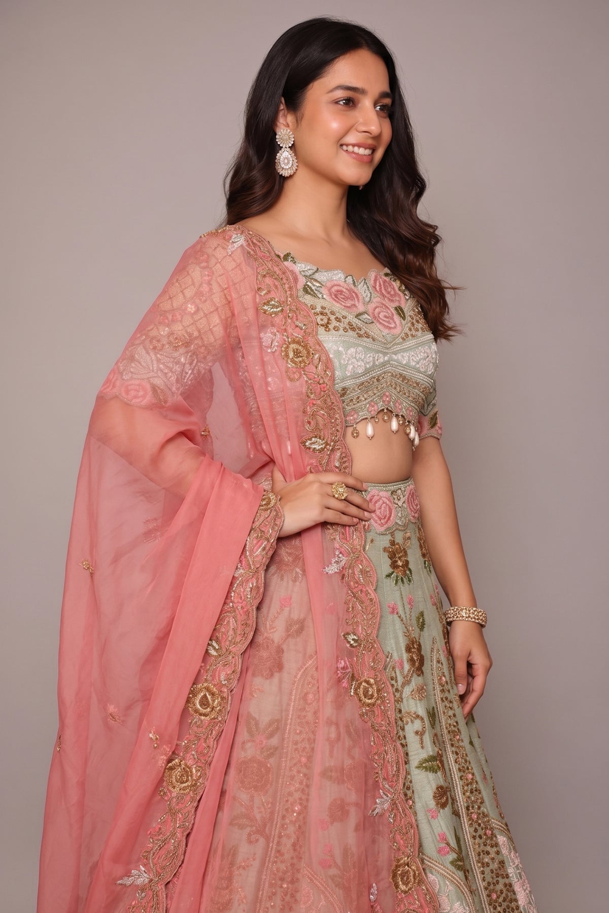 Pista Green Raw Silk Floral Resham Embroidered and Embellished Bead Work Lehenga - red silk saree embroidered