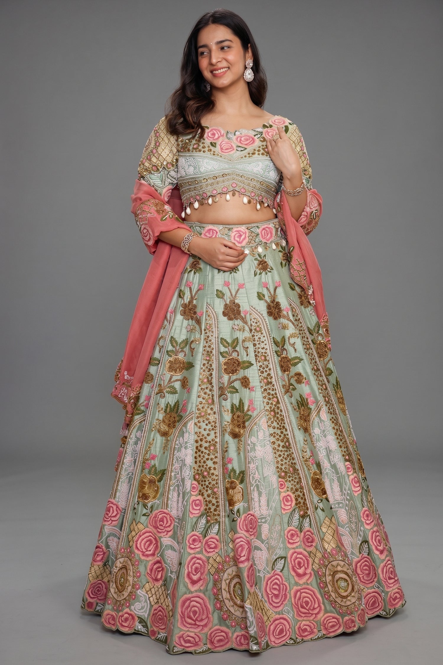 Pista Green Raw Silk Floral Resham Embroidered and Embellished Bead Work Lehenga - red silk saree embroidered